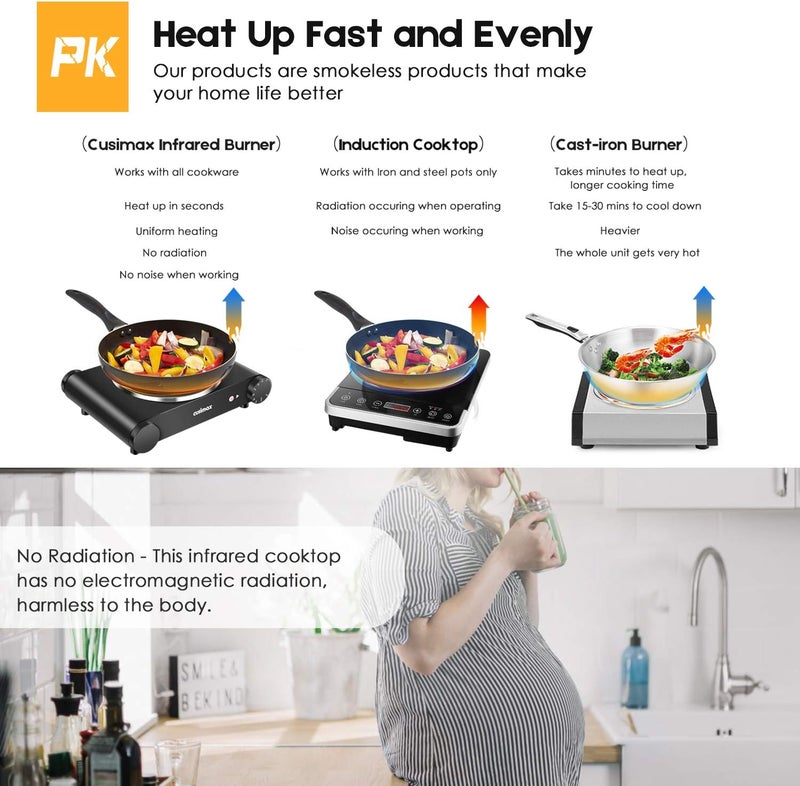 CUSIMAX Portable Electric Stove, 1200W Infrared Single Burner Heat-up In Seconds, 7 Inch Ceramic Glass Single Hot Plate Cooktop for Dorm Office Home Camp, Compatible w/All Cookware - Upgraded Version - Image 4